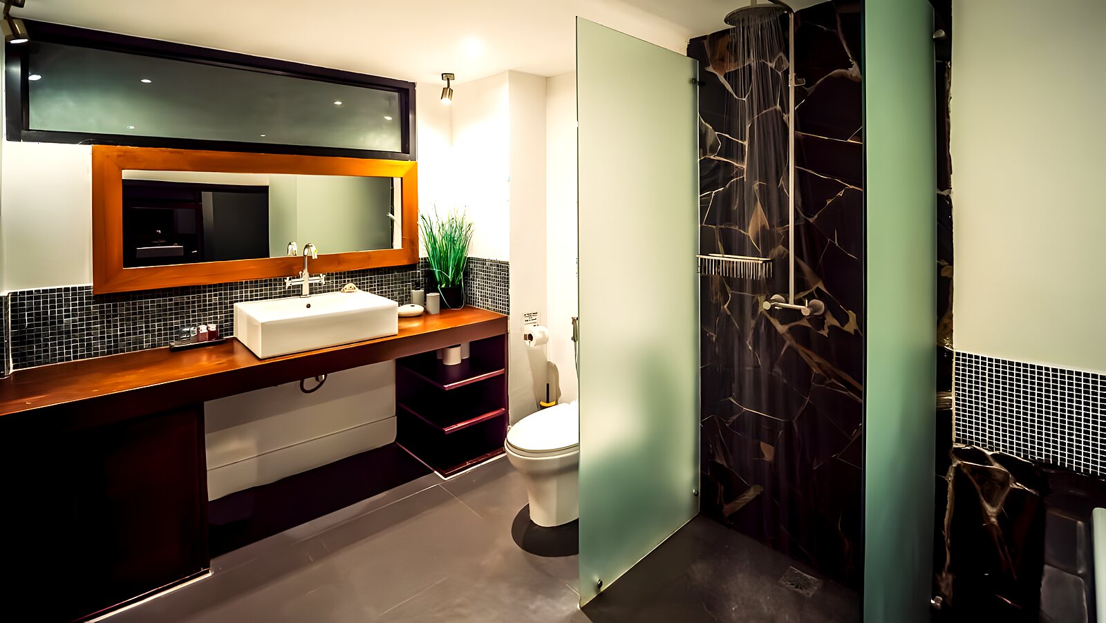 Ensuite bathroom with a dark marble feature wall and modern vanity