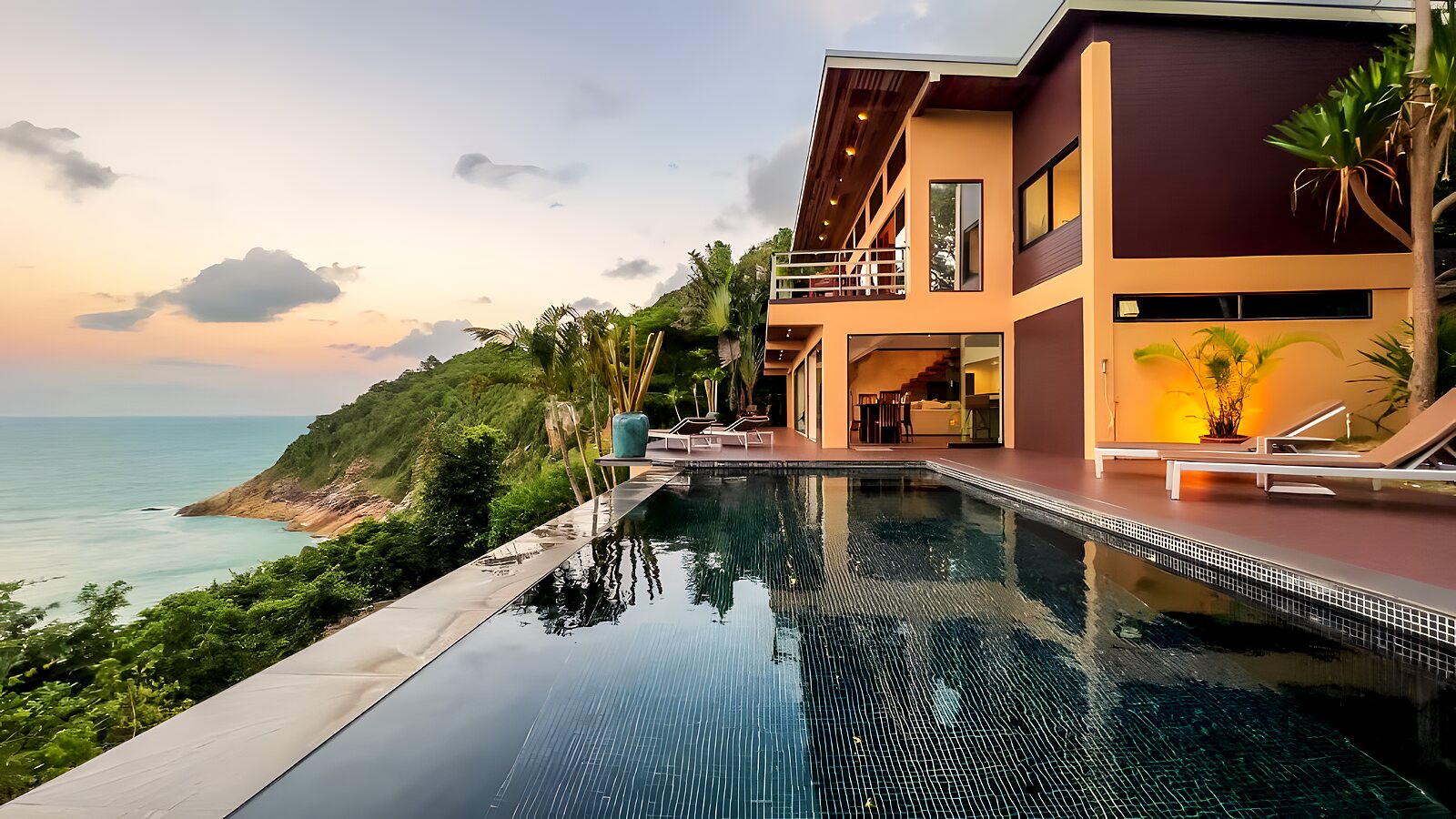 The infinity pool glowing at dusk over the Gulf of Thailand